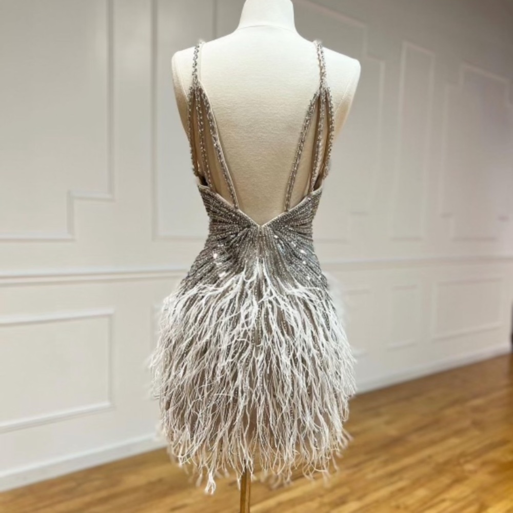 Beige Rhinestone Feather Mini Dress - Picture 6 of 6